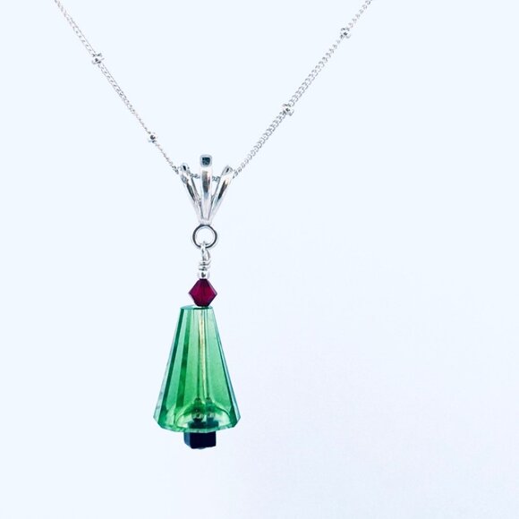Sterling Silver 925 Green Crystal Christmas Tree Pendant Necklace, 17" Chain - Picture 3 of 11